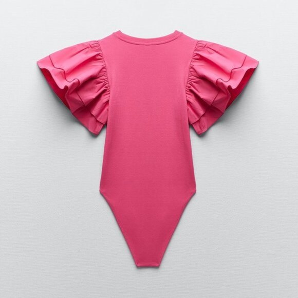 Pink ZARA Ruffle Sleeve Rib Knit Bodysuit Top (NWT) - Picture 7 of 8